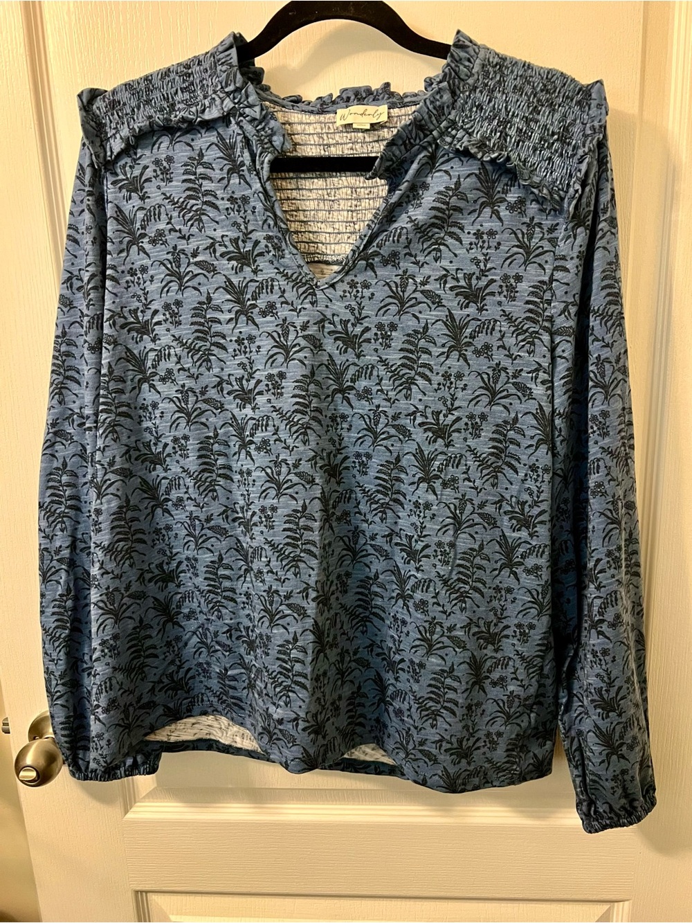 Wonderly Blue Floral-Print Smocked Collar Long Sleeve Top